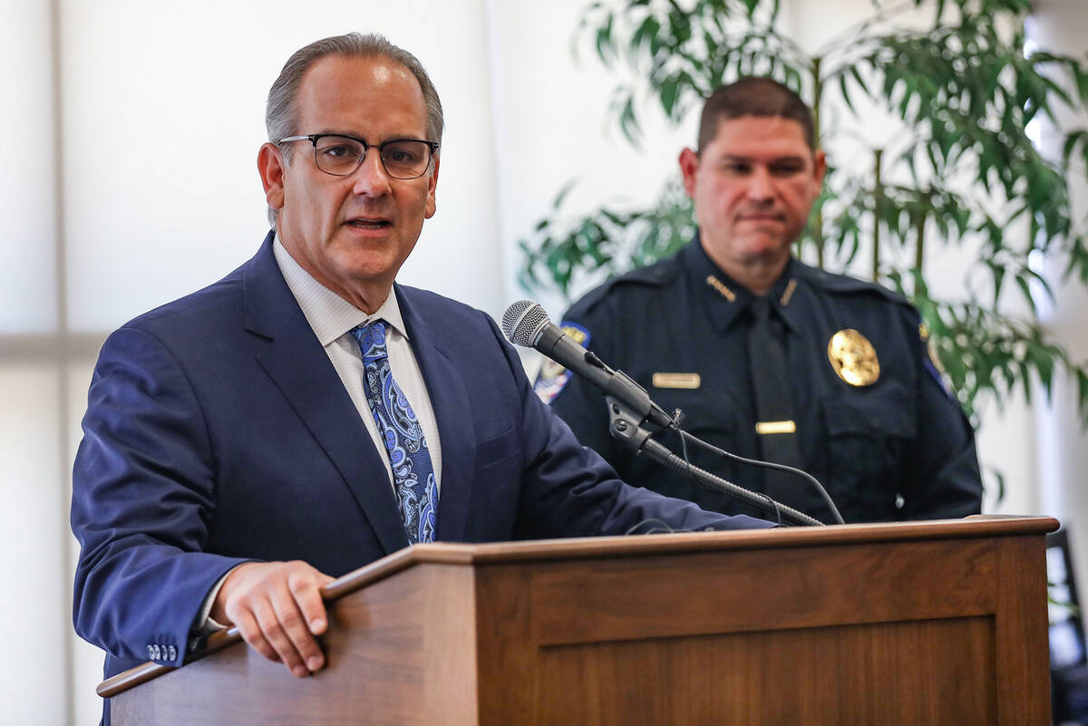 Superintendent Jesus Jara speaks next to Clark County School District police Chief Mike Blackey ...