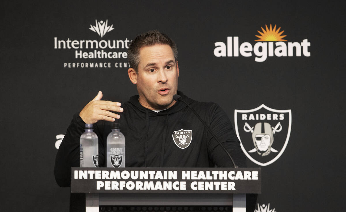 Raiders head coach Josh McDaniels speaks during a news conference prior to the team’s tr ...