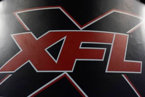 The XFL logo is on a goal post pad after an XFL football game, Saturday, Feb. 8, 2020, in Houst ...
