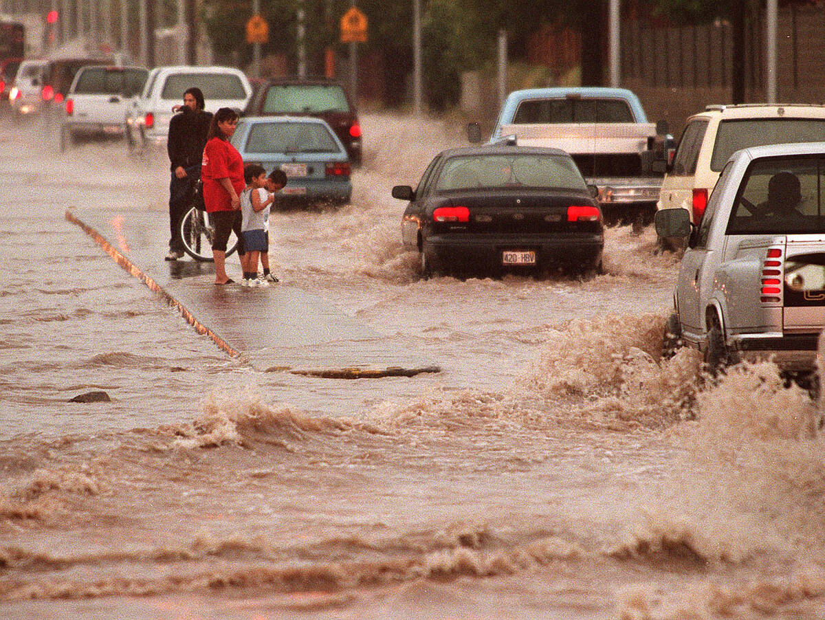 A flooded intersection at Washington Avenue and Pecos Road on July 8, 1999. (Las Vegas Review-J ...