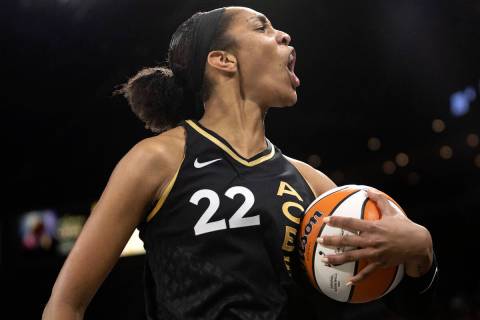 Las Vegas Aces forward A'ja Wilson (22) reacts to a referee’s call during the second hal ...