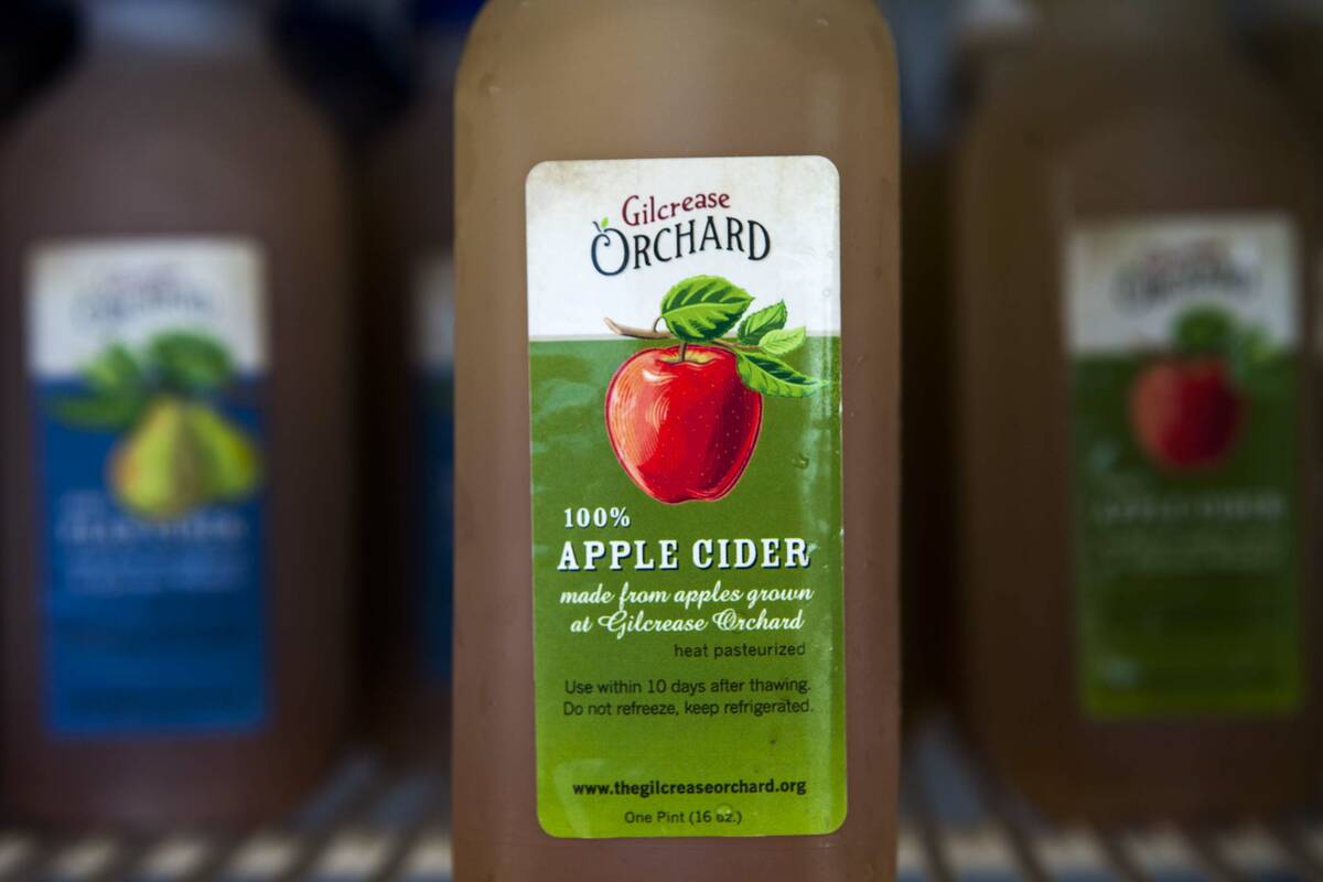 Homemade apple cider at Gilcrease Orchard, 7800 N. Tenaya Way. The cider is made from apples at ...