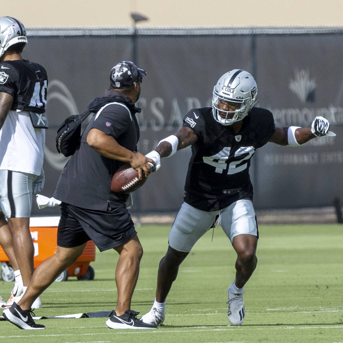 Raiders safety Qwynnterrio Cole (42) works through a drill during the team’s training ca ...