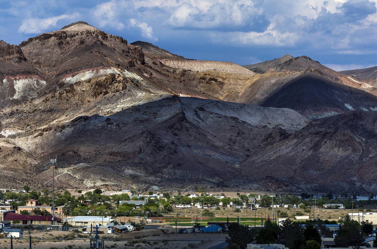 The Beatty High School football and baseball fields as Beatty Mountain towers behind in the dis ...