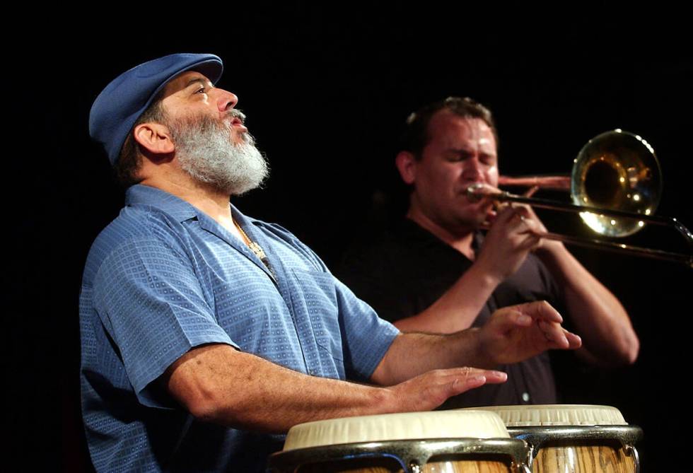 Poncho Sanchez, left, and Francisco Torres of Poncho Sanchez Latin Jazz Band perform during a m ...
