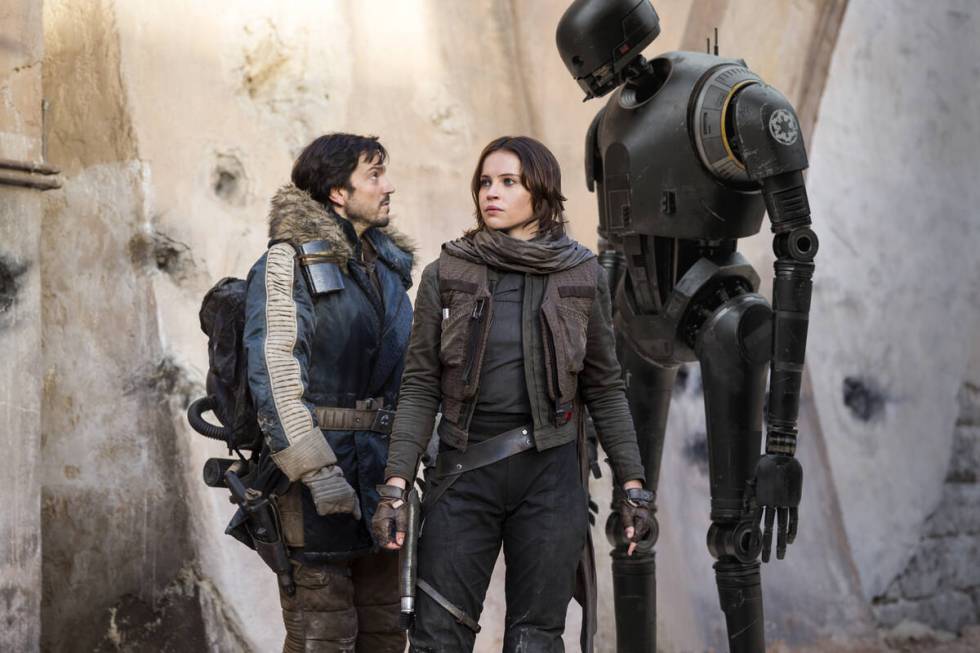 "Rogue One: A Star Wars Story" characters from let, Cassian Andor (Diego Luna), Jyn Erso (Felic ...