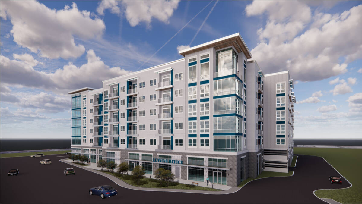 An artist's rendering of developer Jonathan Fore's seven-story apartment complex on Harmon Aven ...