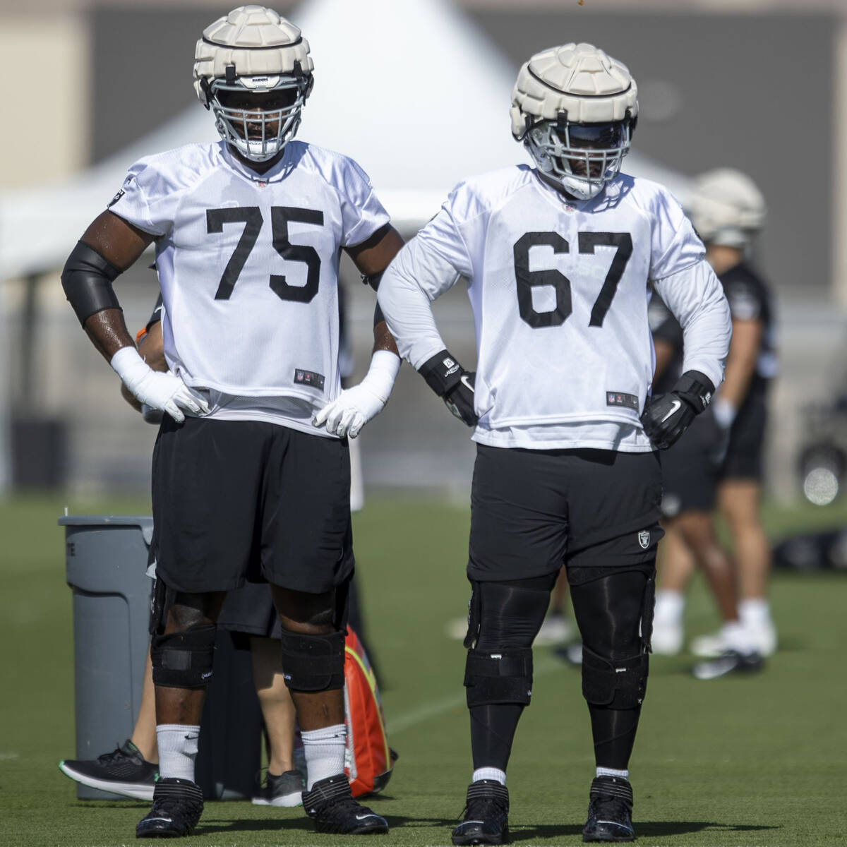 Raiders offensive tackle Brandon Parker (75) and offensive guard Lester Cotton, Sr. (67) look o ...