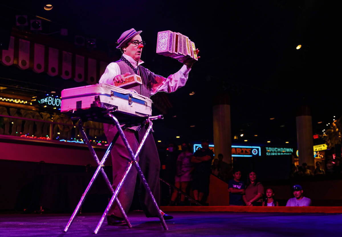 Rocco the Clown performs at the Midway at Circus Circus in Las Vegas, Thursday, Aug. 4, 2022. ( ...
