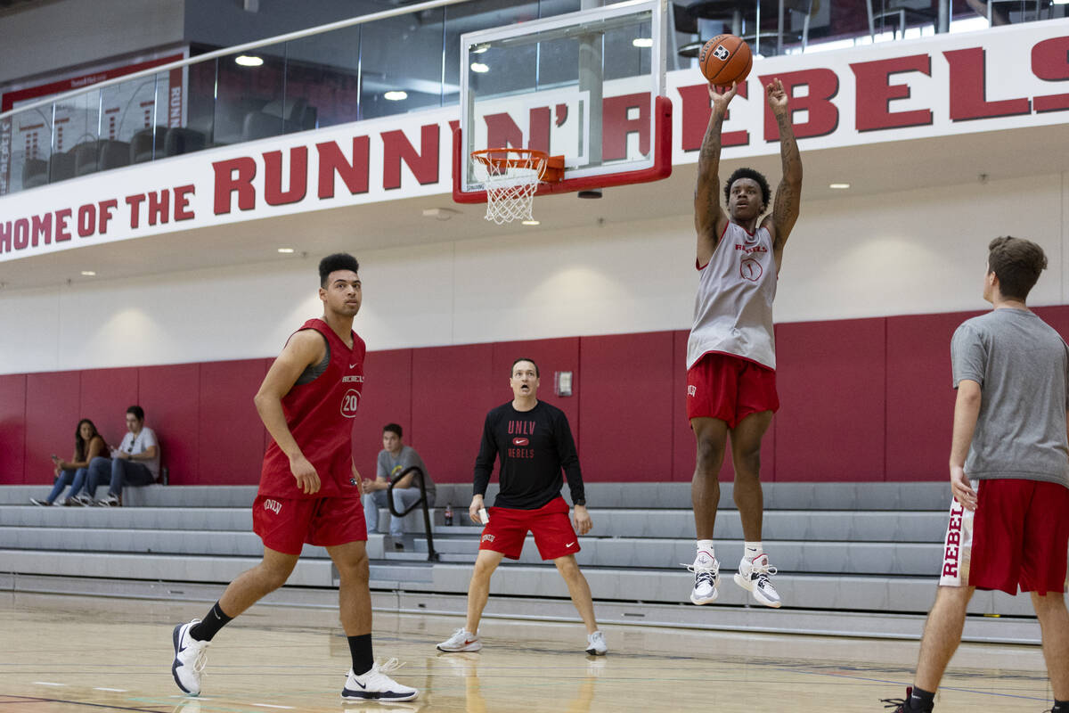 UNLV's Elijah Parquet (1) takes a shot during a team basketball practice at Mendenhall Center i ...
