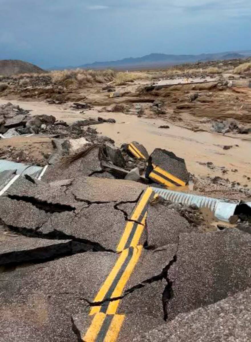 The damaged intersection of Kelbaker Road and Mojave Road is seen in the Mojave National Preser ...