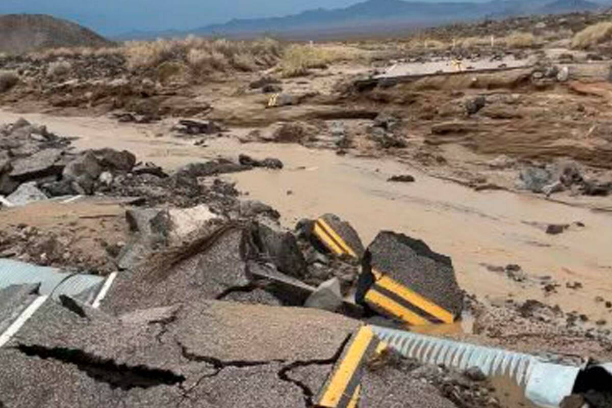 The damaged intersection of Kelbaker Road and Mojave Road is seen in the Mojave National Preser ...