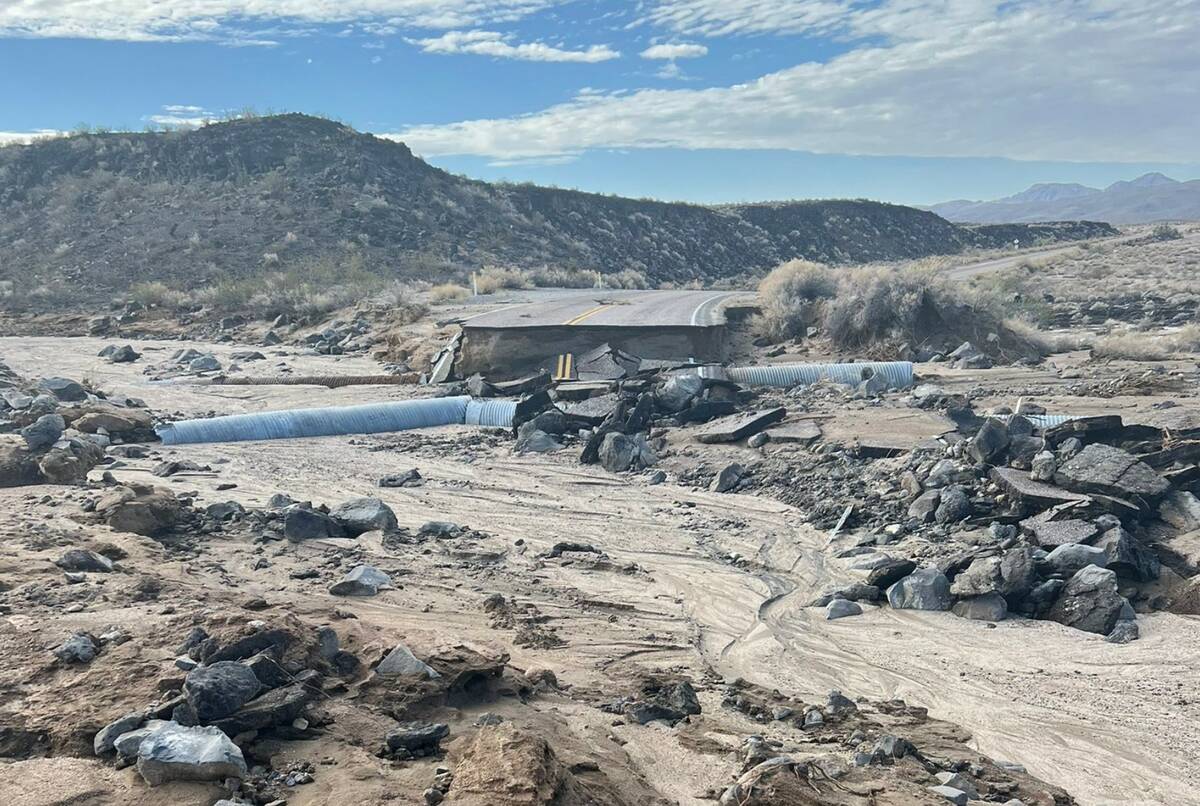 A damaged road is seen in Mojave National Preserve in California on Sunday, July 31, 2022. (Nat ...