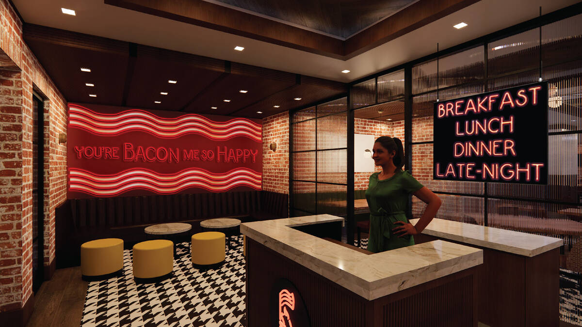 A rendering of the host stand at Bacon Nation, a 24/7 restaurant with dozens of bacon dishes, s ...