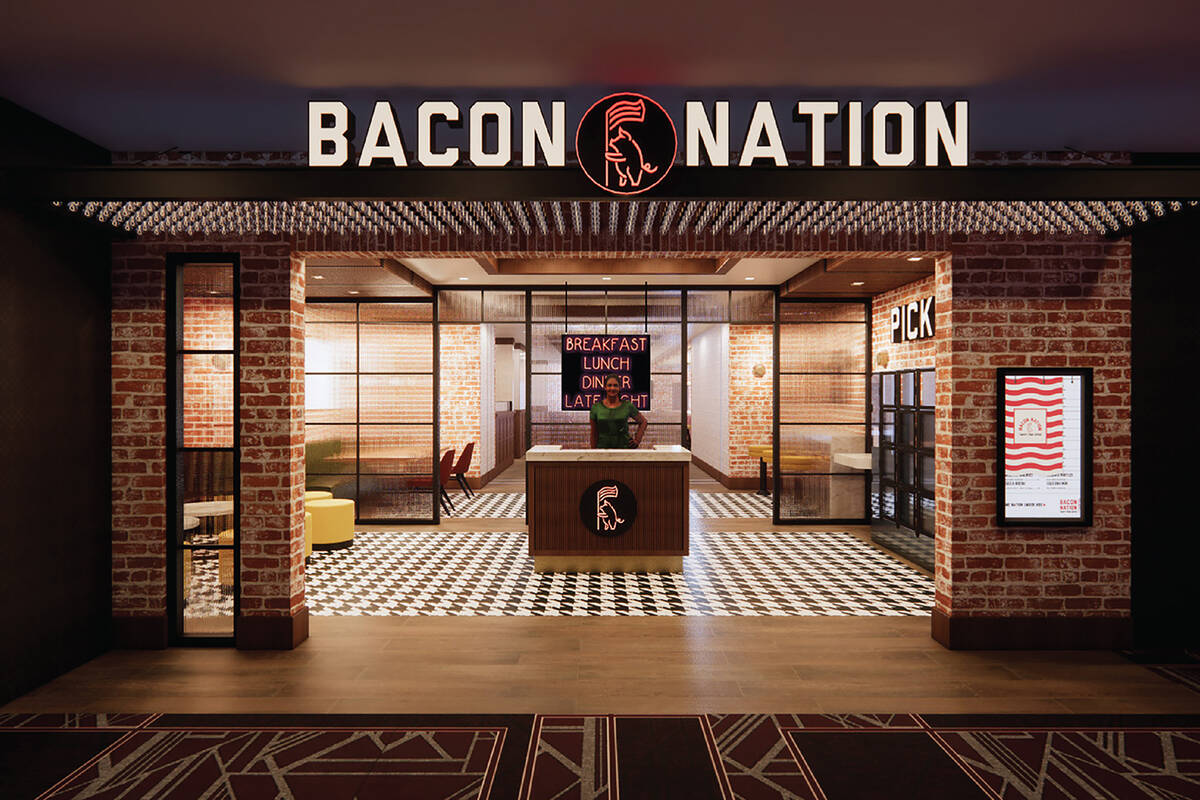 A rendering of the entrance to Bacon Nation, a 24/7 restaurant with dozens of bacon dishes, set ...