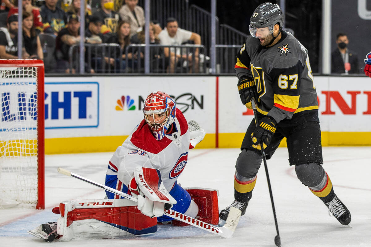 Montreal Canadiens goaltender Carey Price (31) deflects a shot on goal by Golden Knights left w ...