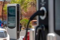 Electric vehicle chargers at Meadows Mall on Tuesday, Aug. 2, 2022, in Las Vegas. (Steel Brooks ...