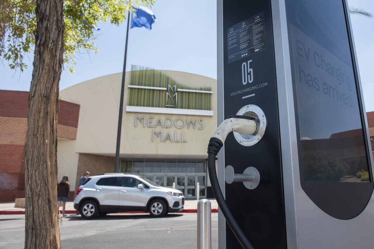 Electric vehicle chargers at Meadows Mall on Tuesday, Aug. 2, 2022, in Las Vegas. (Steel Brooks ...