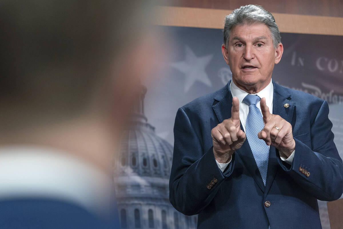 Sen. Joe Manchin, D-W.Va., speaks during a news conference about a bill to ban Russian energy i ...