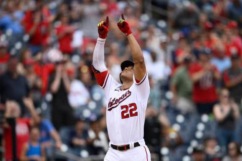 Washington Nationals' Juan Soto celebrates his home run during the eighth inning of a baseball ...