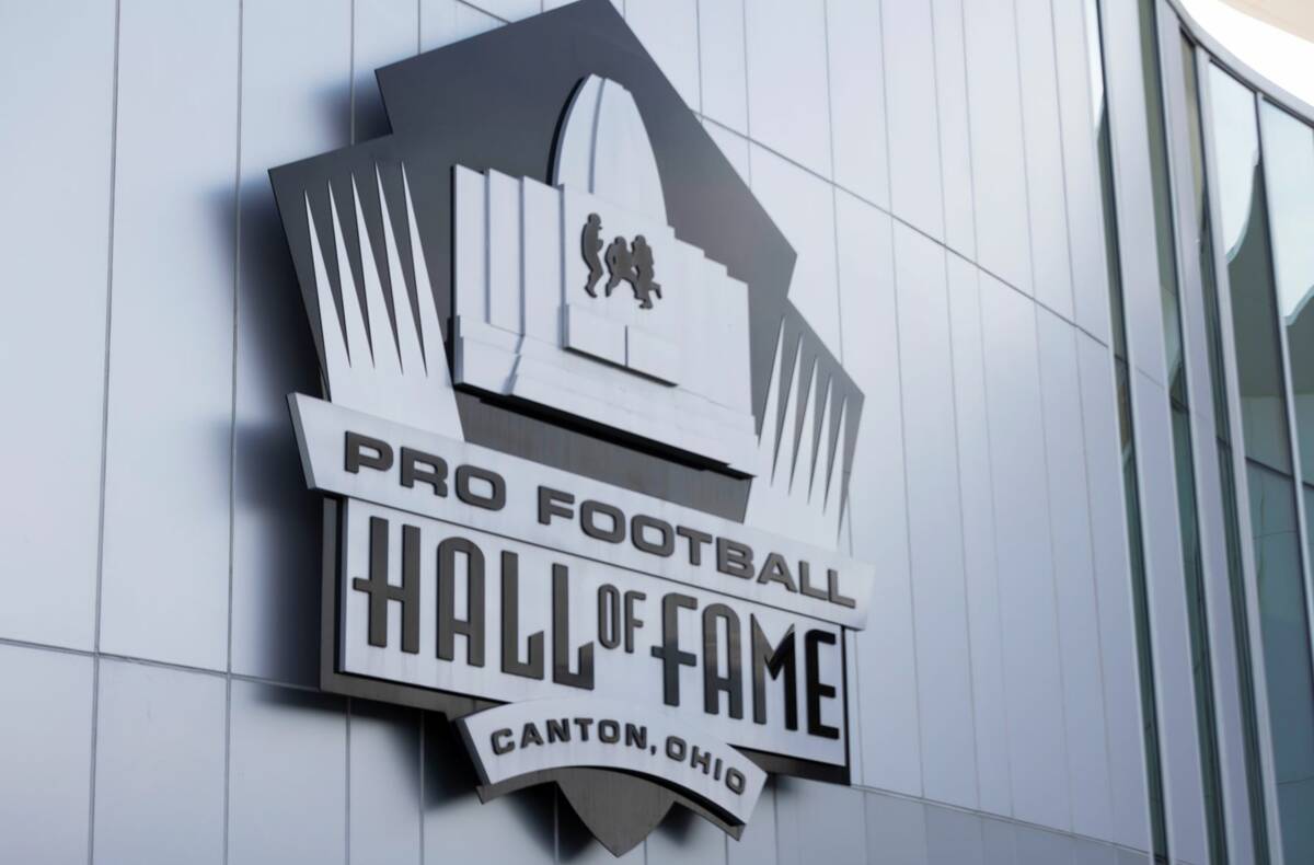 The logo of the Pro Football Hall of Fame adorns the building’s entrance on Wednesday, Aug. 3 ...