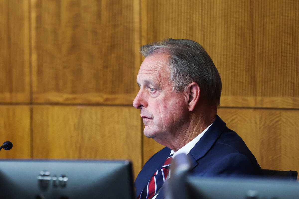 Mayor John Lee listens during a North Las Vegas City Council meeting at North Las Vegas City Ha ...
