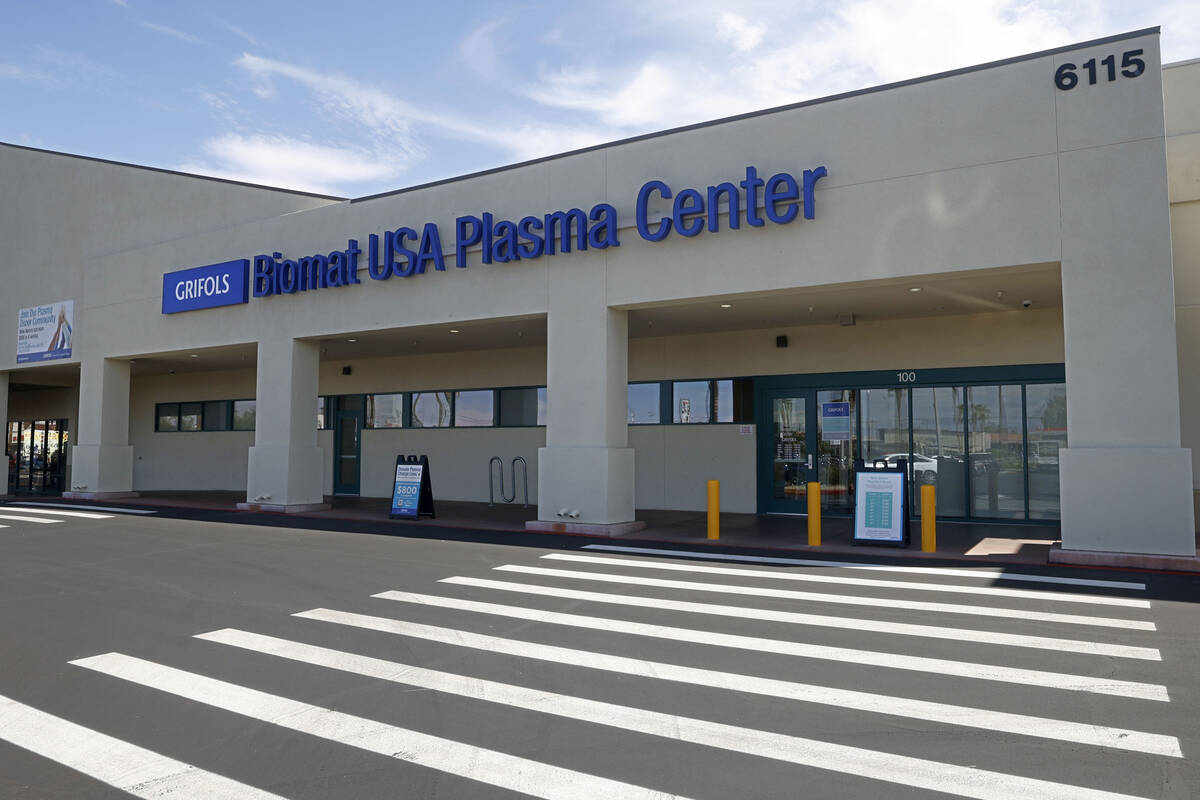 Grifols Biomat USA Plasma Center is seen on Tropicana Avenue, Wednesday, Aug. 3, 2022, in Las V ...