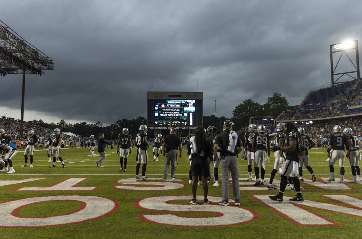 Raiders continue warming up as a severe weather warning flashes on the screen before the NFL Ha ...