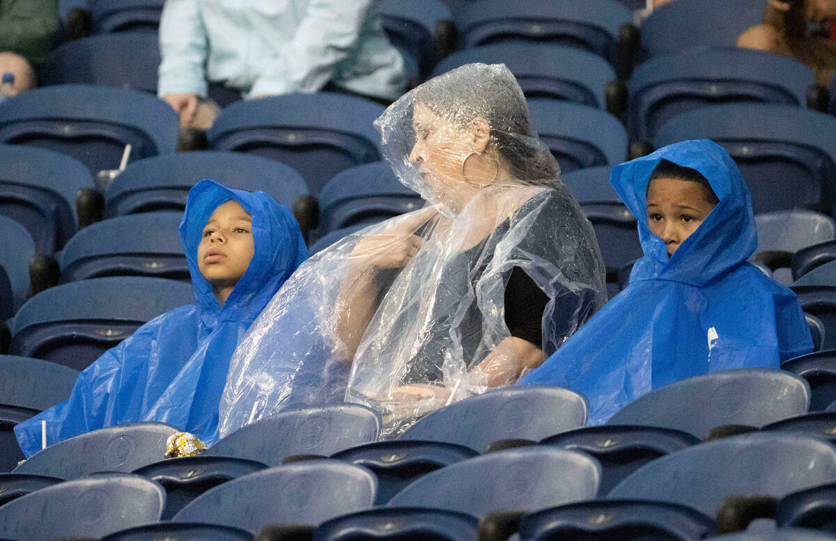 A family covers up in parkas as rain falls during a weather delay before the start of the NFL H ...