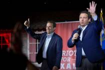 Nevada Republican U.S. Senate candidate Adam Laxalt and Florida Gov. Ron DeSantis wave goodbye ...