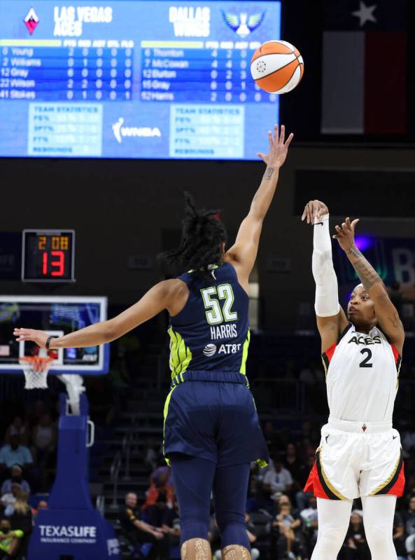 Las Vegas Aces guard Riquna Williams (2) shoots a 3-pointer as Dallas Wings guard Tyasha Harris ...