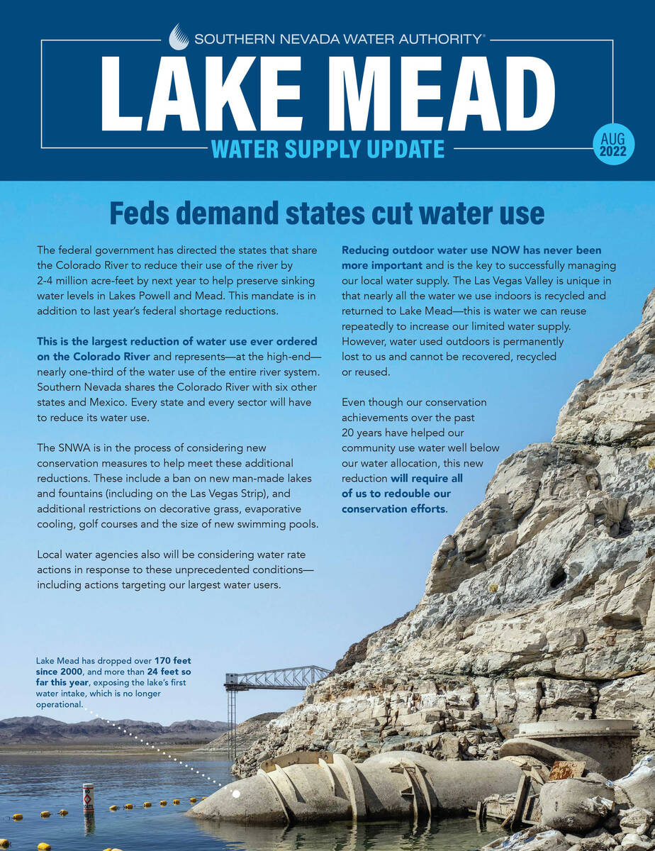 A Southern Nevada Water Authority flyer and social media post about possible tighter water use ...
