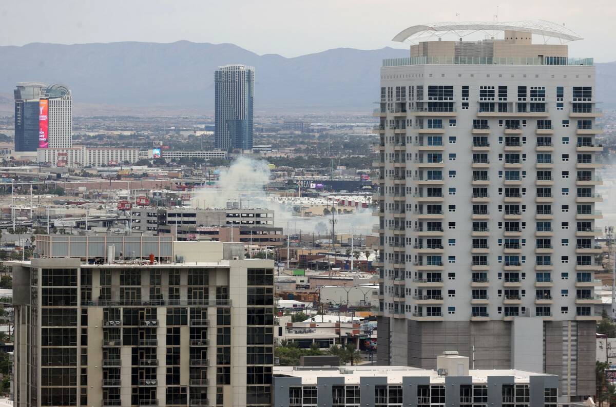 A fire burns at 2330 Industrial Road in Las Vegas on Thursday, Aug. 4, 2022. (Kevin Cannon/Las ...