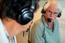 Russ Langer, left, commentates on the play with Jerry Reuss during their radio broadcast for th ...