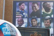 A banner with 2022 Hall of Fame enshrinees: from top left, Tony Borselli, Raiders wide receiver ...