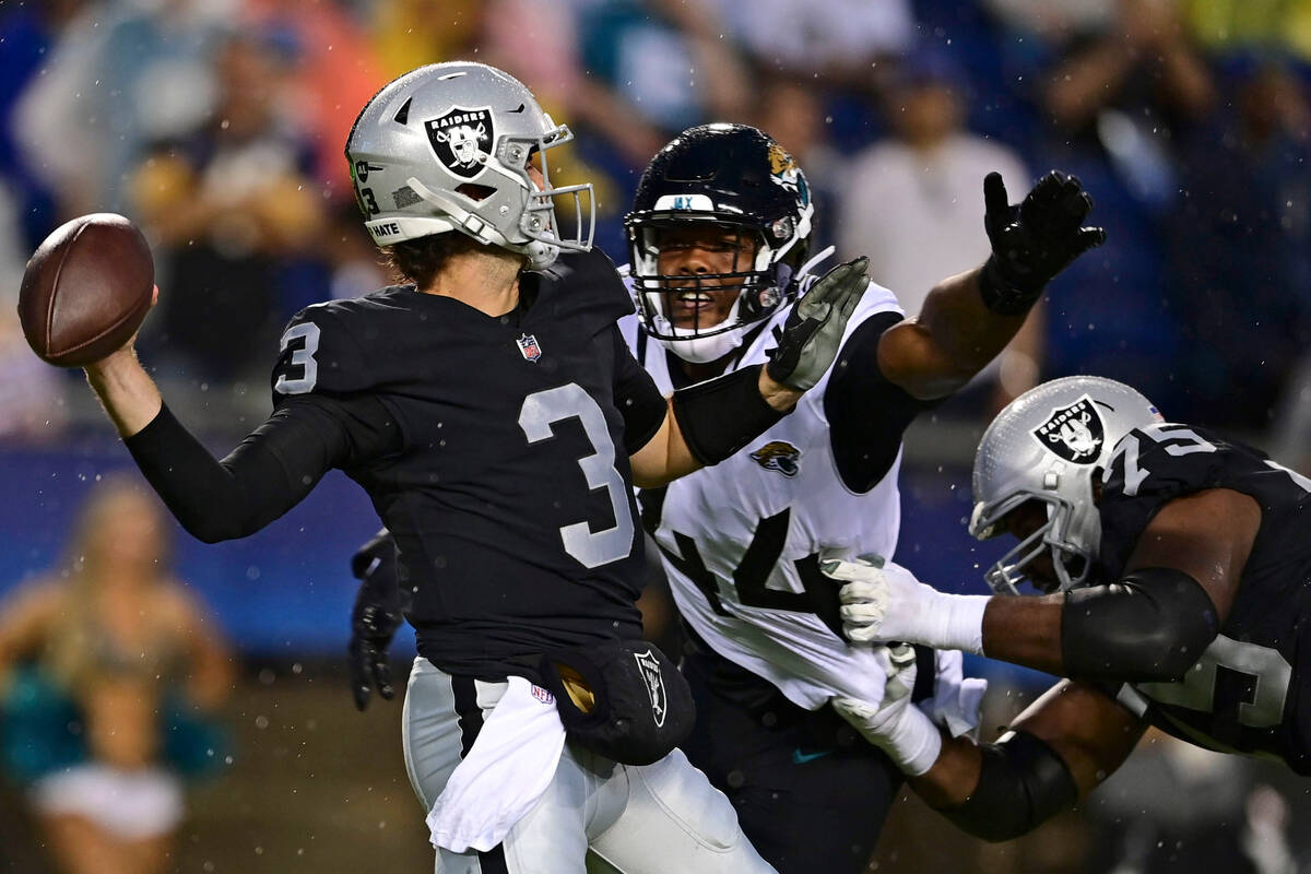 Las Vegas Raiders quarterback Jarrett Stidham (3) throws a pass under pressure from Jacksonvill ...