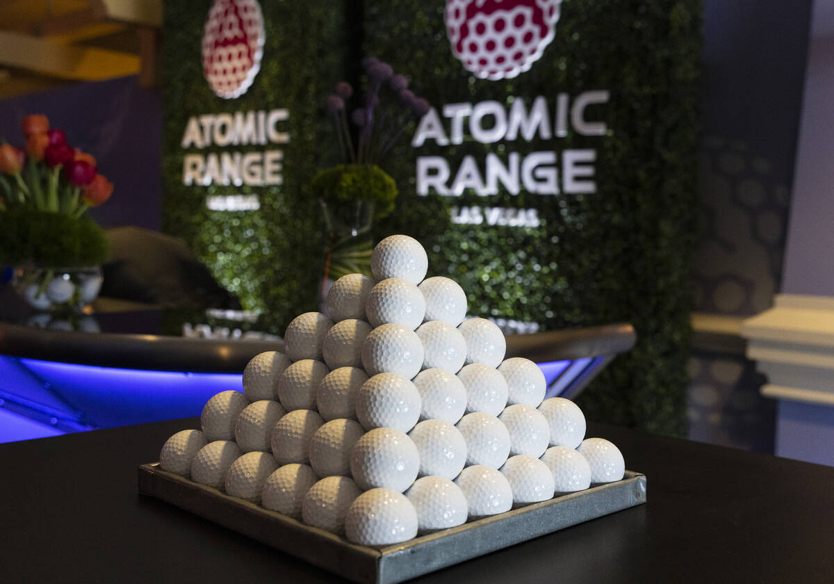 Golf balls are displayed at the Stratosphere hotel-casino during a groundbreaking ceremony for ...