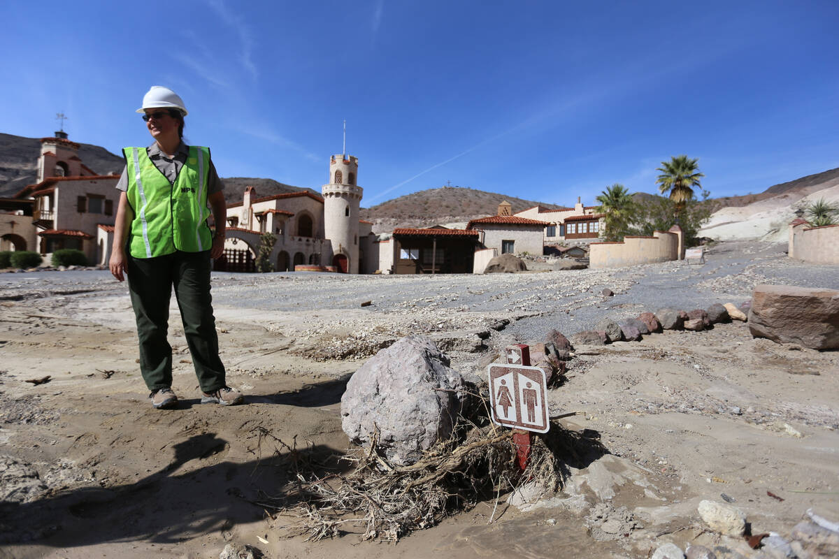 Abby Wines, district interpreter for Scotty's Castle, gives journalists a tour to view the floo ...