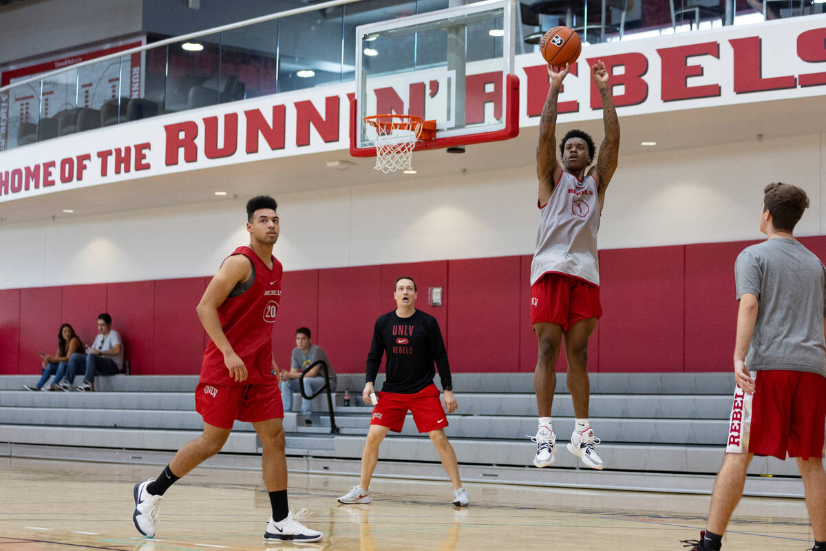 UNLV's Elijah Parquet (1) takes a shot during a team basketball practice at Mendenhall Center i ...