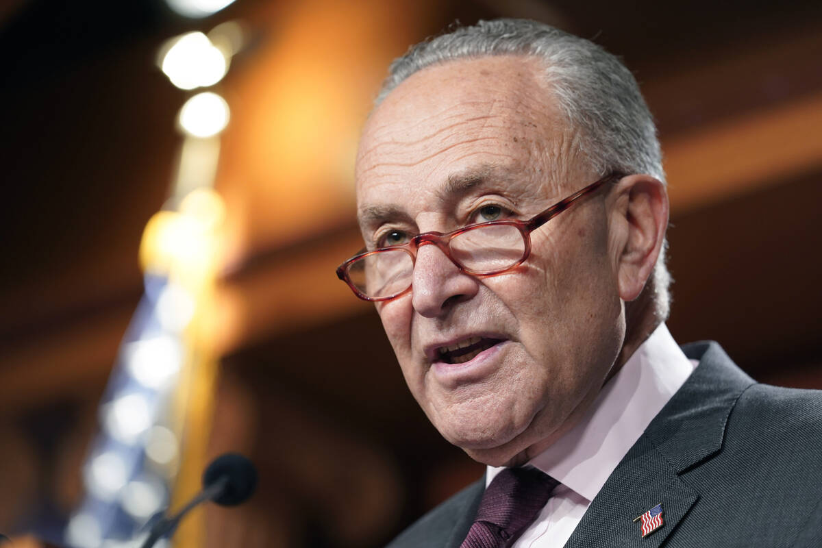 FILE - Senate Majority Leader Chuck Schumer of N.Y., speaks during a news conference Friday, Au ...