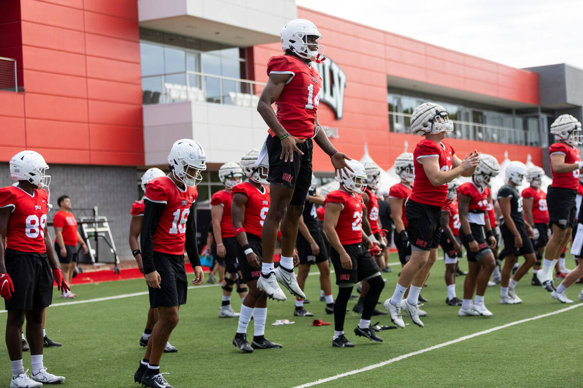 UNLV's Zyell Griffin (14) warms up during a team football practice at UNLV in Las Vegas, Saturd ...