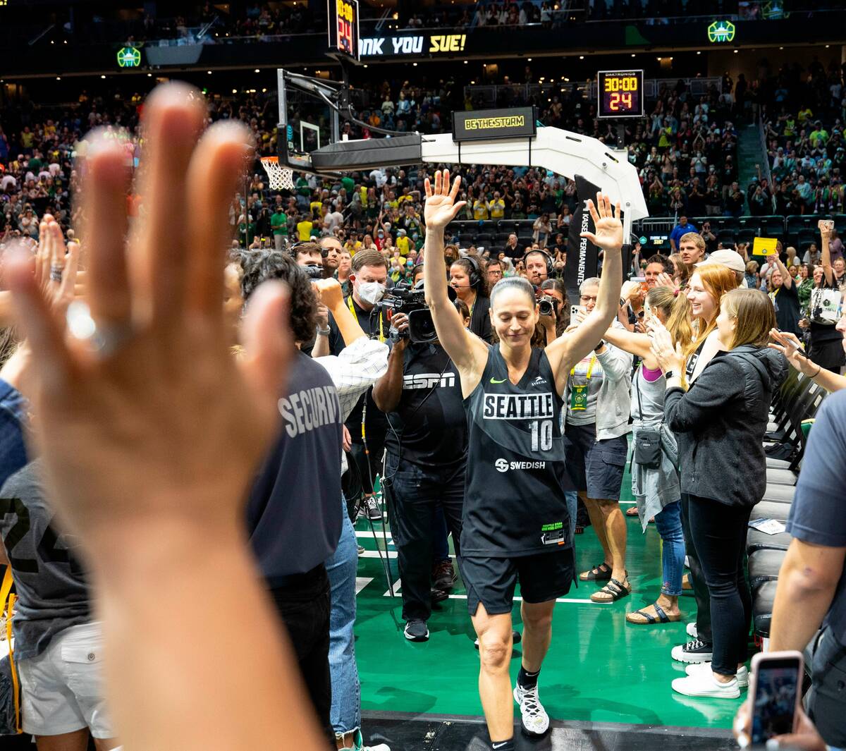 Sue Bird comes off the floor after the home regular season finale against the Las Vegas Aces, S ...