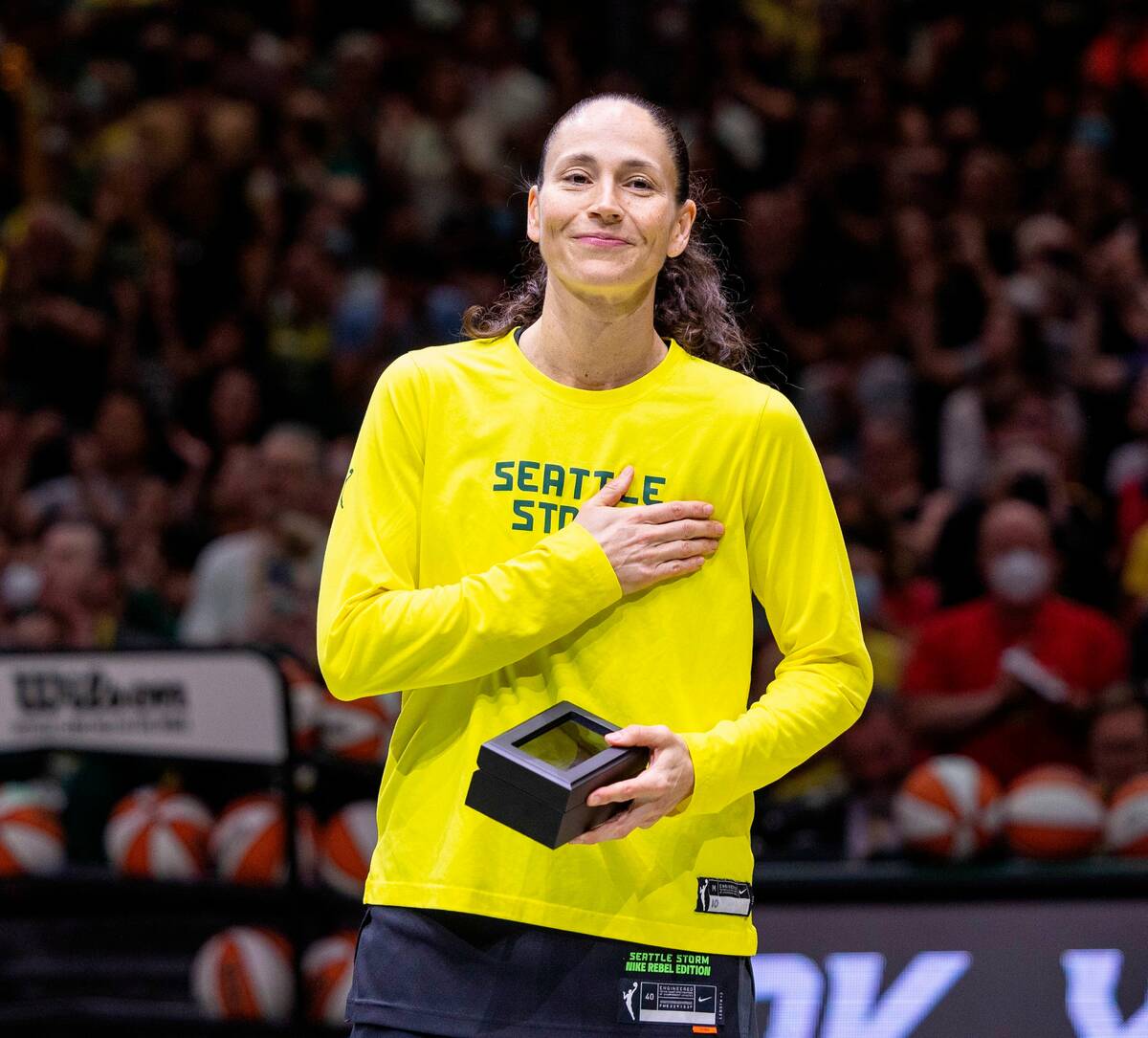 Seattle Storm's Sue Bird becomes emotional as the Climate Pledge Arena crowd gives her an ovati ...