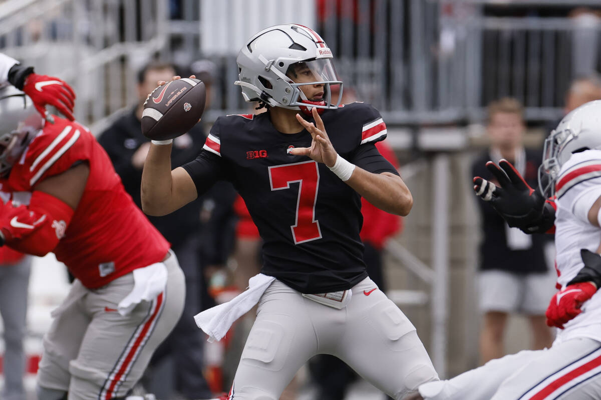 Ohio State quarterback C.J. Stroud plays in an NCAA college spring football game Saturday, Apri ...