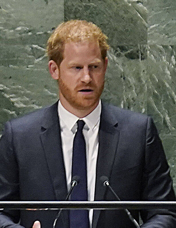 Prince Harry speaks at United Nations headquarters, Monday, July 18, 2022. The Duke and Duchess ...