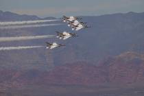 The U.S. Air Force Thunderbirds fly north along the I-15 on Monday, May 9, 2022, in Las Vegas. ...