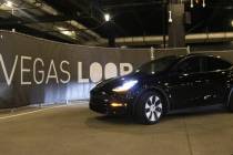 A Vegas Loop Tesla departs from the Boring tunnel passenger station at Resorts World Las Vegas ...