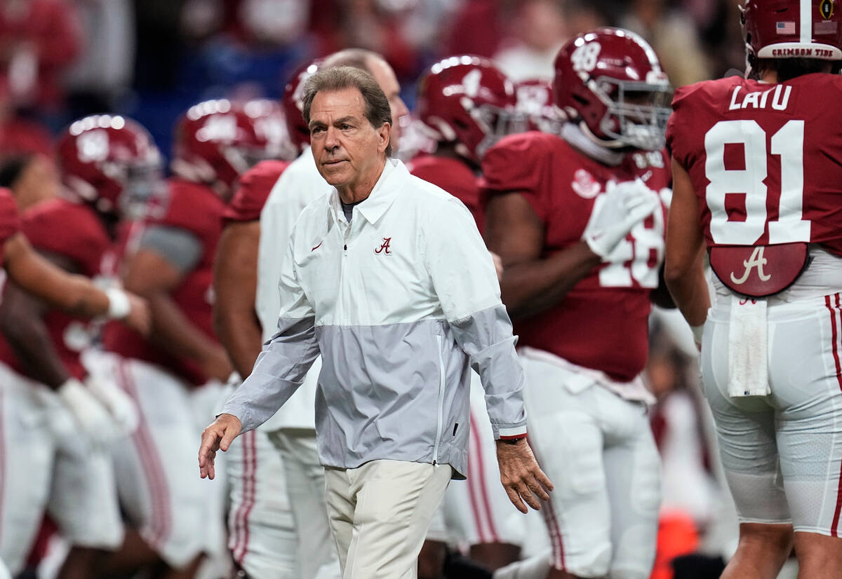 Alabama football coach Nick Saban is shown Jan. 10, 2022, in Indianapolis. (AP Photo/Paul Sancy ...