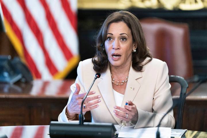 Vice President Kamala Harris speaks during a roundtable with college presidents about reproduct ...