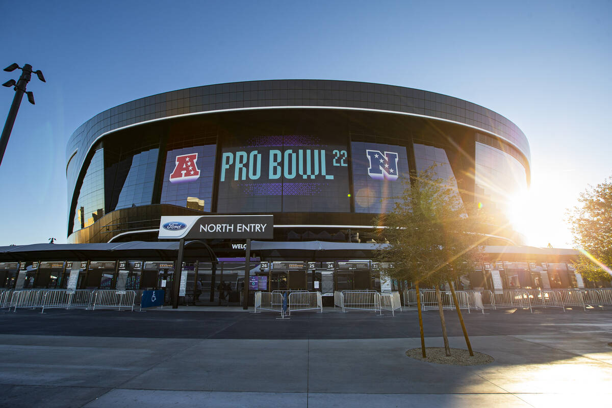 Signage for the NFL Pro Bowl football game is seen Allegiant Stadium on Sunday, Feb. 6, 2022, i ...